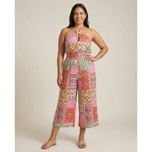 Lucky Brand Seville Crop Halter Cover-Up Jumpsuit Pink Multi Size Medium